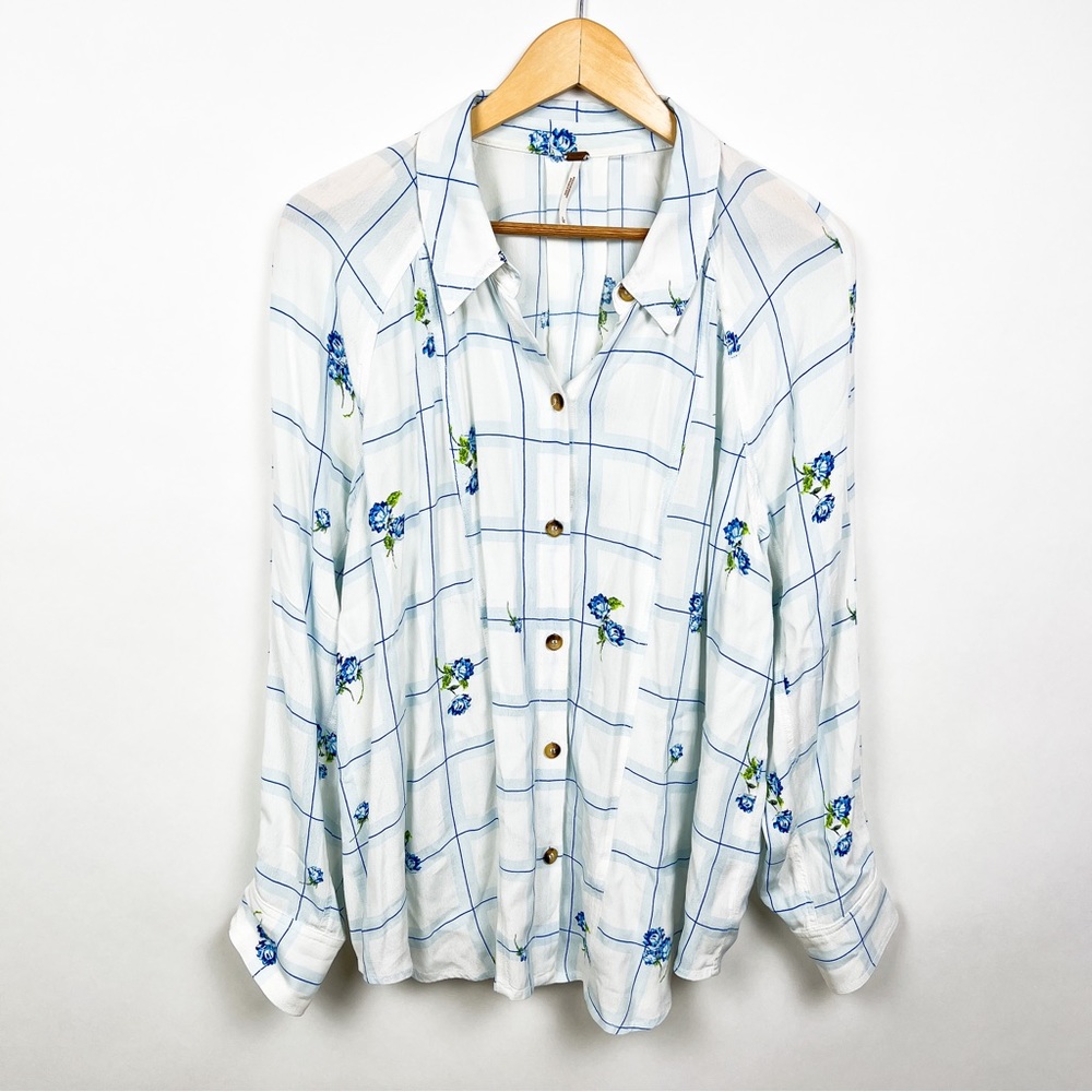 FREE PEOPLE Window to My Heart Top Blouse size large plaid floral button front